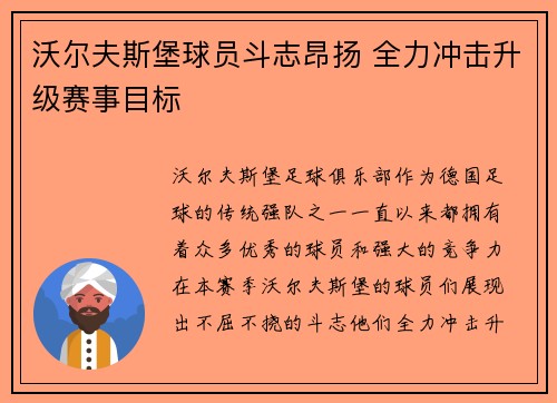 沃尔夫斯堡球员斗志昂扬 全力冲击升级赛事目标