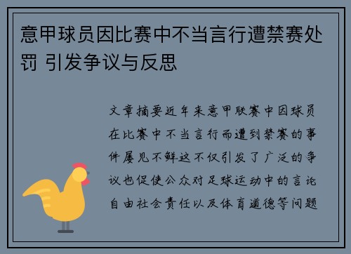 意甲球员因比赛中不当言行遭禁赛处罚 引发争议与反思