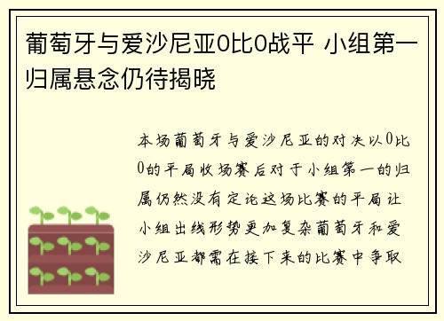 葡萄牙与爱沙尼亚0比0战平 小组第一归属悬念仍待揭晓
